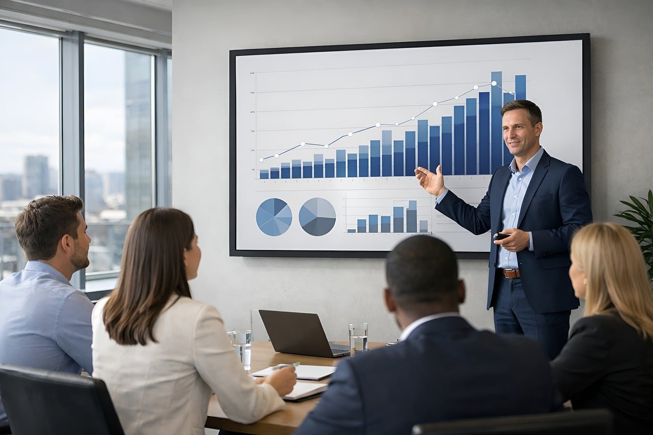 presentation, statistics, graph, meeting, business, analysis, team, projector, manager, consultation, conference room, people, leadership, collaboration, strategy, growth, businessman, growth strategy, chart, ai generated